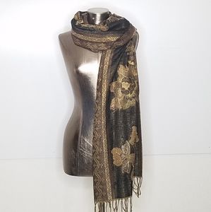 Brown and Metallic Gold Floral Scarf NWOT